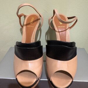 Fendi Black and Tan Peep-Toe Heels